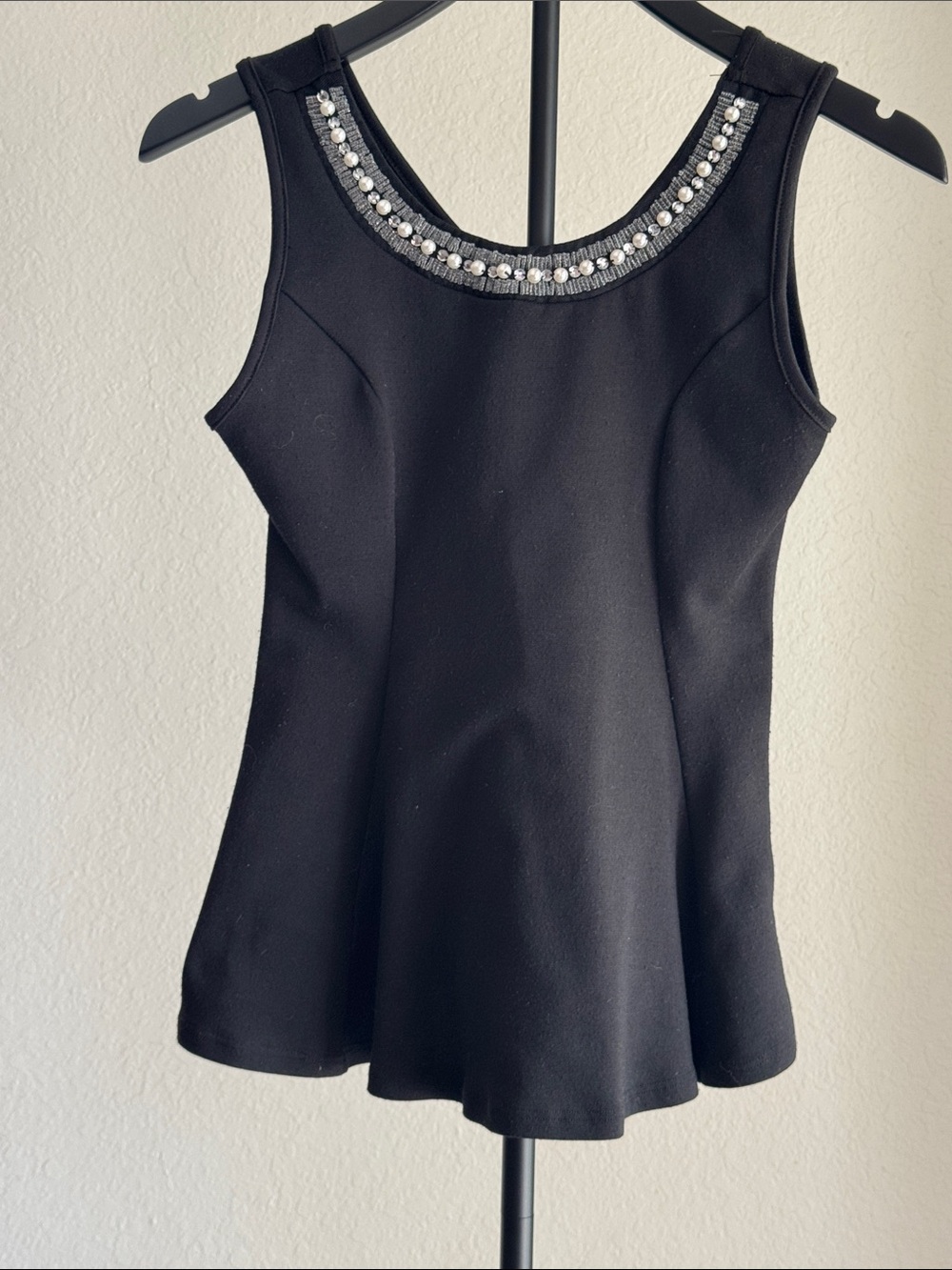 Fashion Magazine Black Jeweled Neck Peplum Tank Top